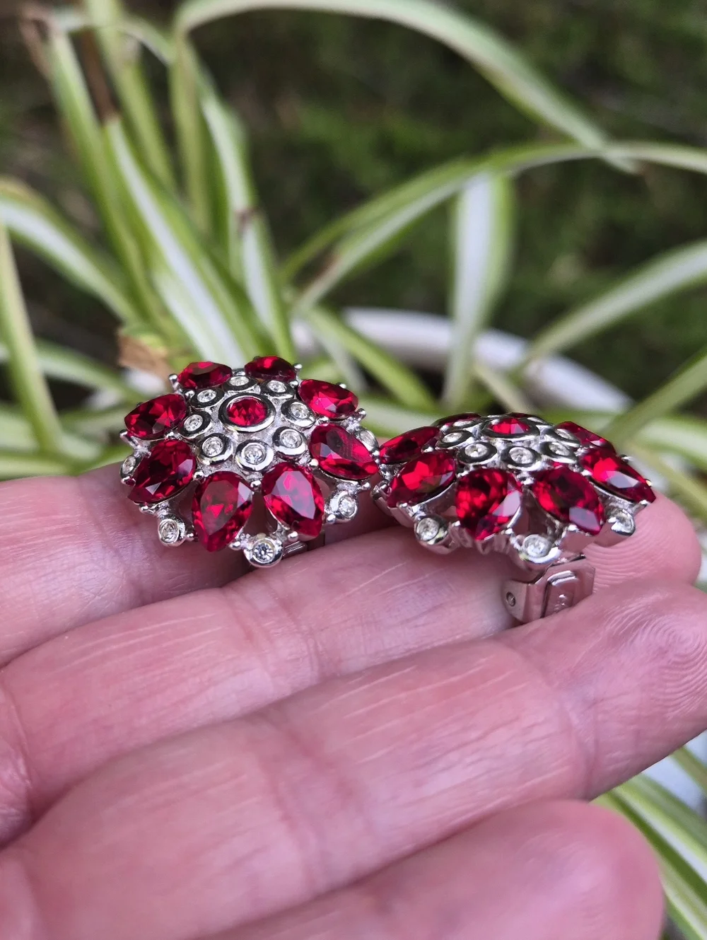 Vintage Christian Dior Large Red Rhinestone Clear Crystal Clip On Earrings - Picture 2 of 7